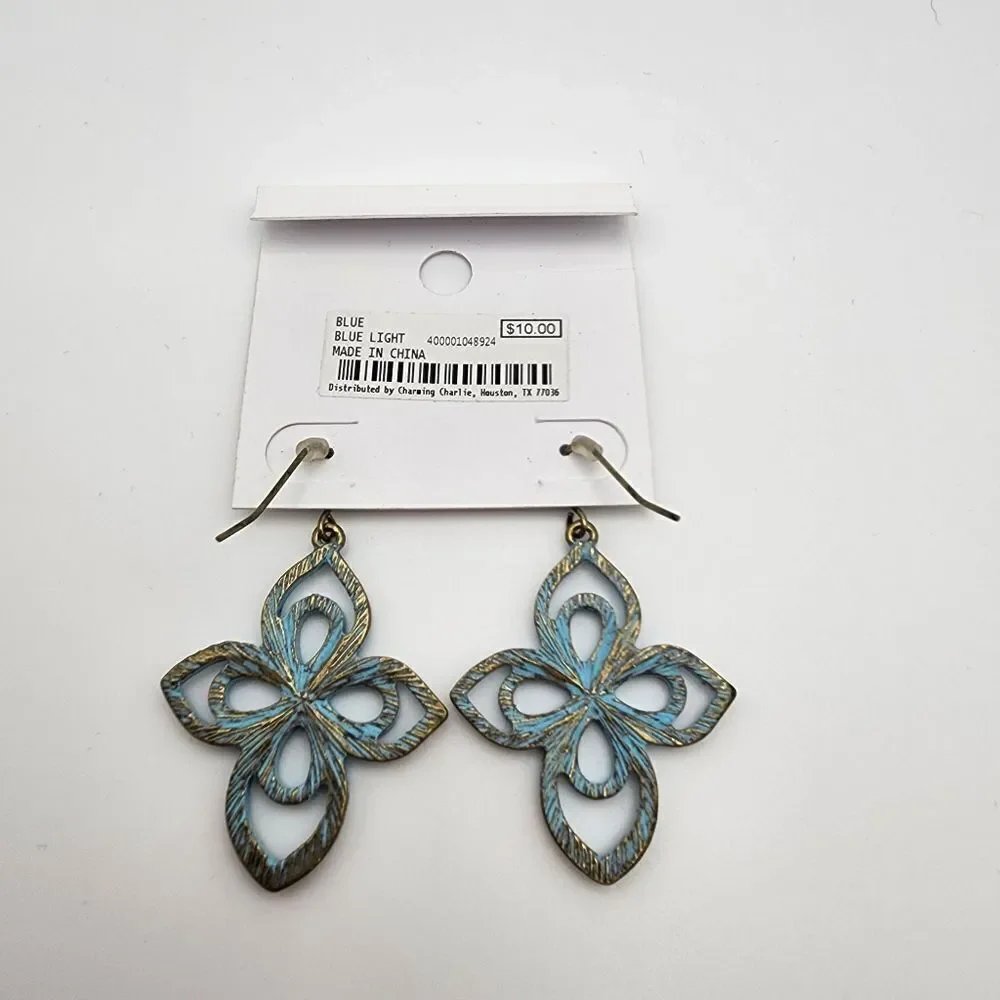 NWT Charming Charlie Blue & Gold Tone Dangling Cross Earrings